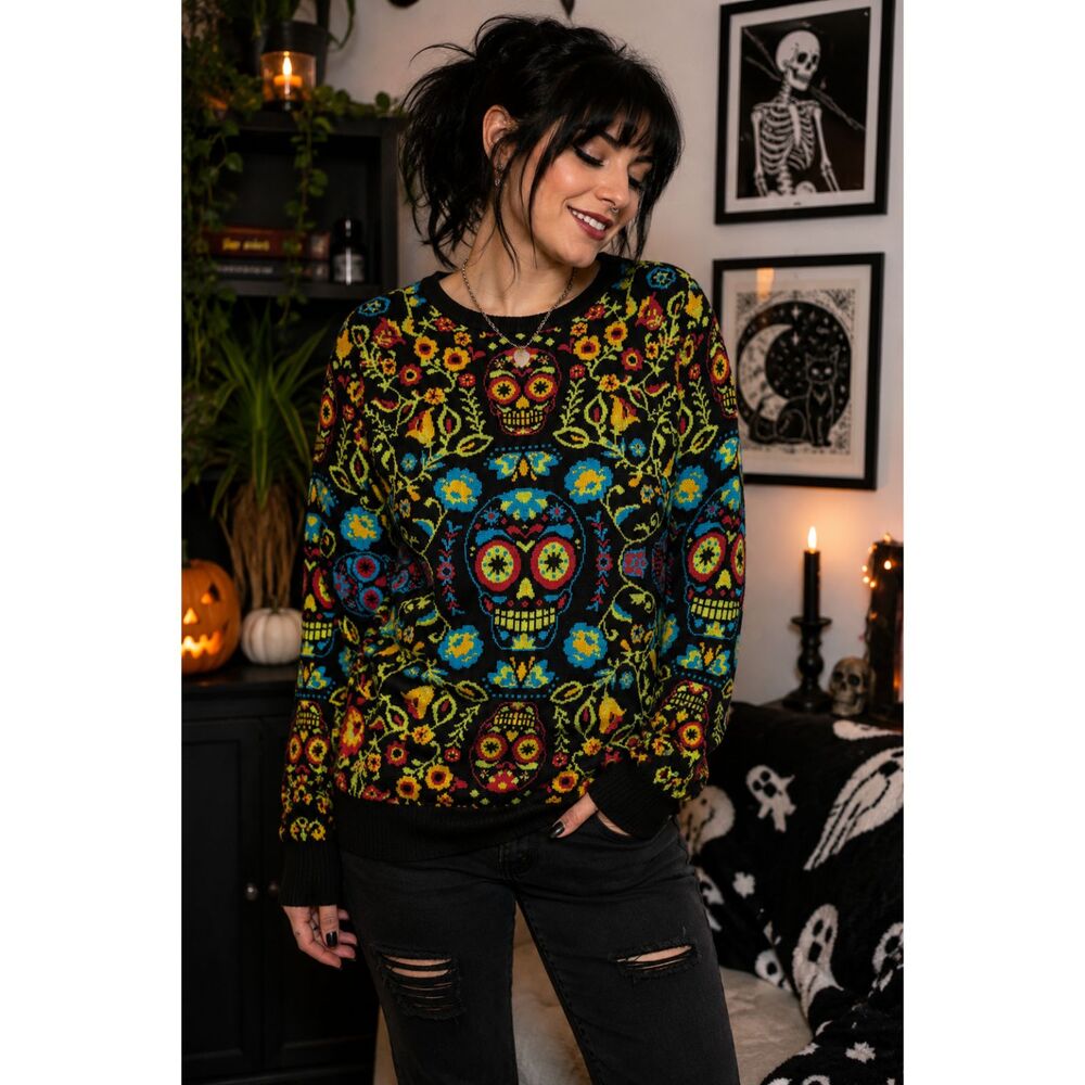 Fun.com Size L Sugar Skull Sweater Black Floral Day Of The Dead Crewneck Top
